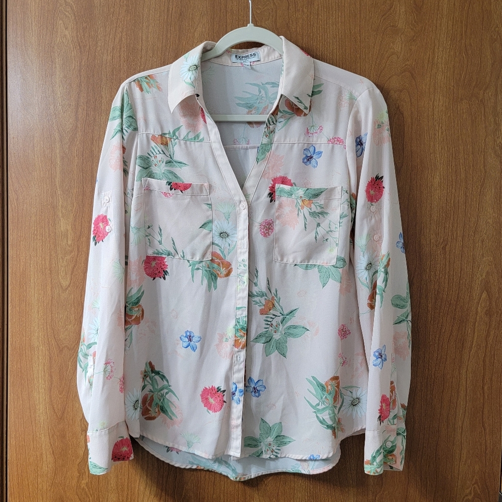 Express Floral Button Down Shirt - White and Multicolor
